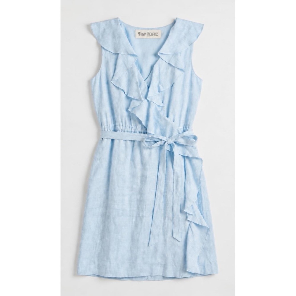 Marvin Richards Wrap Dress Womens 8 Blue Linen Ruffle Sleeveless Belted
